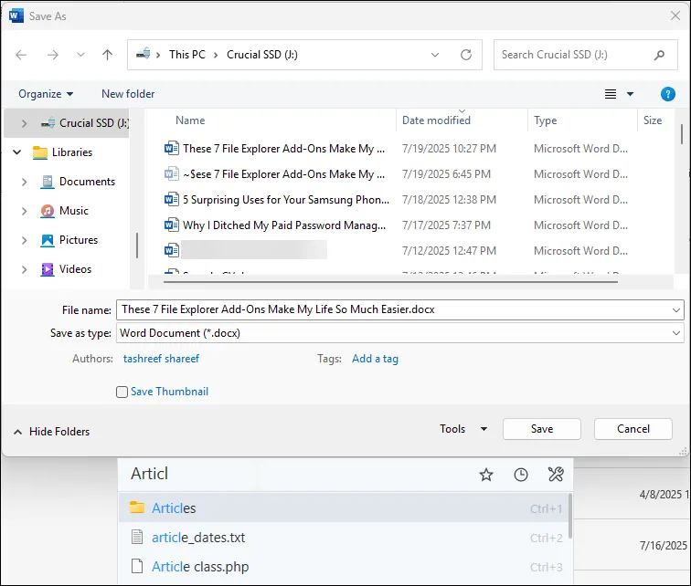 Tính năng tìm kiếm nhanh Listary tích hợp trong hộp thoại Save As của Microsoft Word