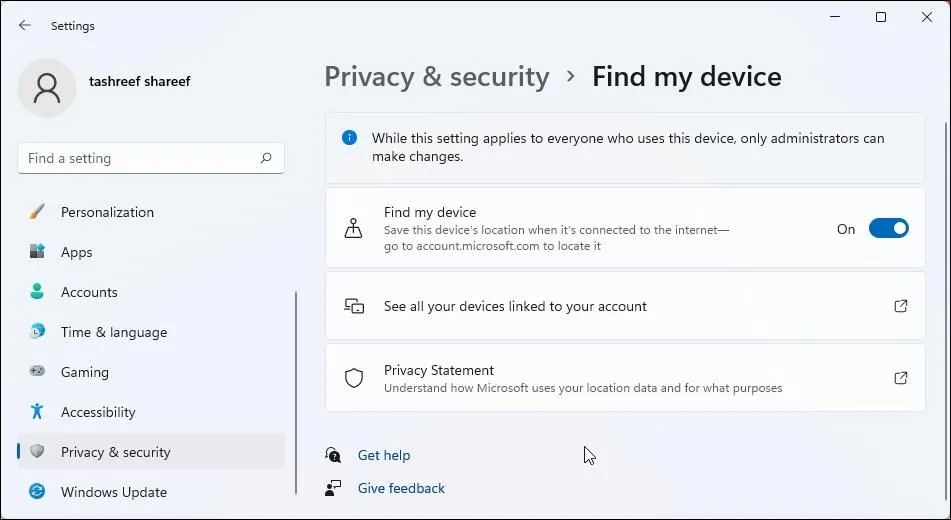 Tính năng Tìm thiết bị của tôi trên Windows 11