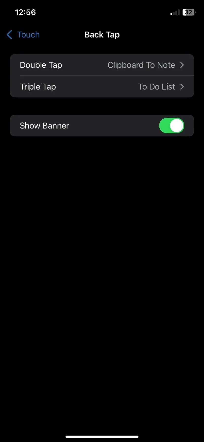 Trang cài đặt Chạm vào mặt lưng (Back Tap) trên iOS với các tùy chọn Chạm hai lần và Chạm ba lần