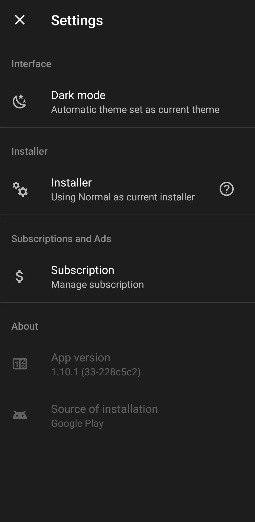 Trang cài đặt của APKMirror Installer, cung cấp các tùy chọn để quản lý việc tải và cài đặt ứng dụng APK.