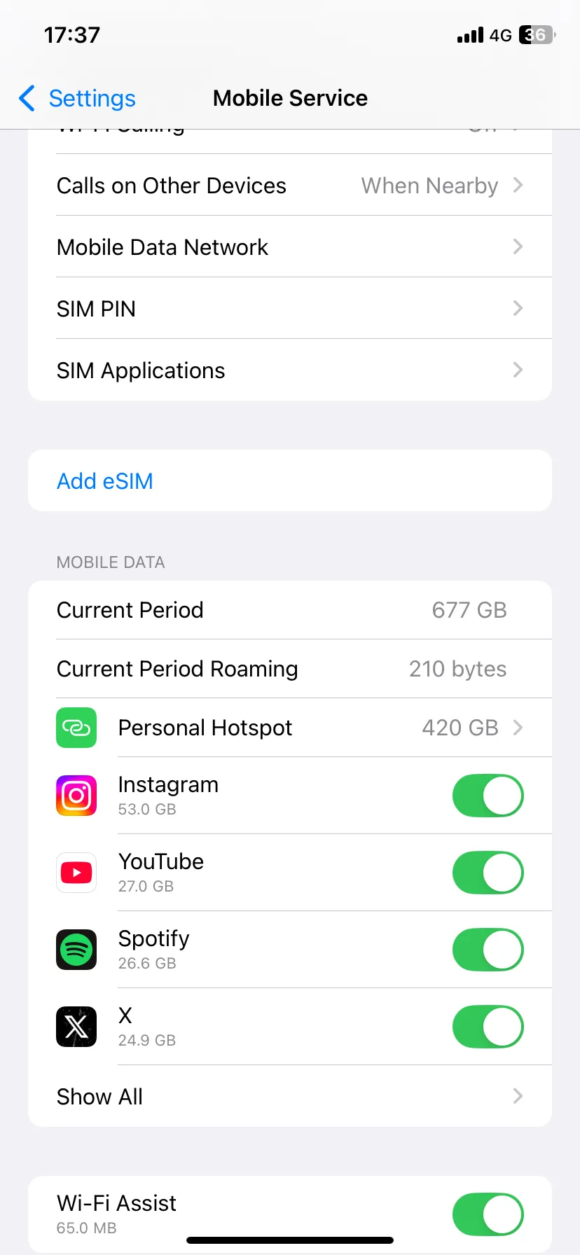 Trang cài đặt Dịch vụ di động trên iPhone để quản lý việc sử dụng dữ liệu