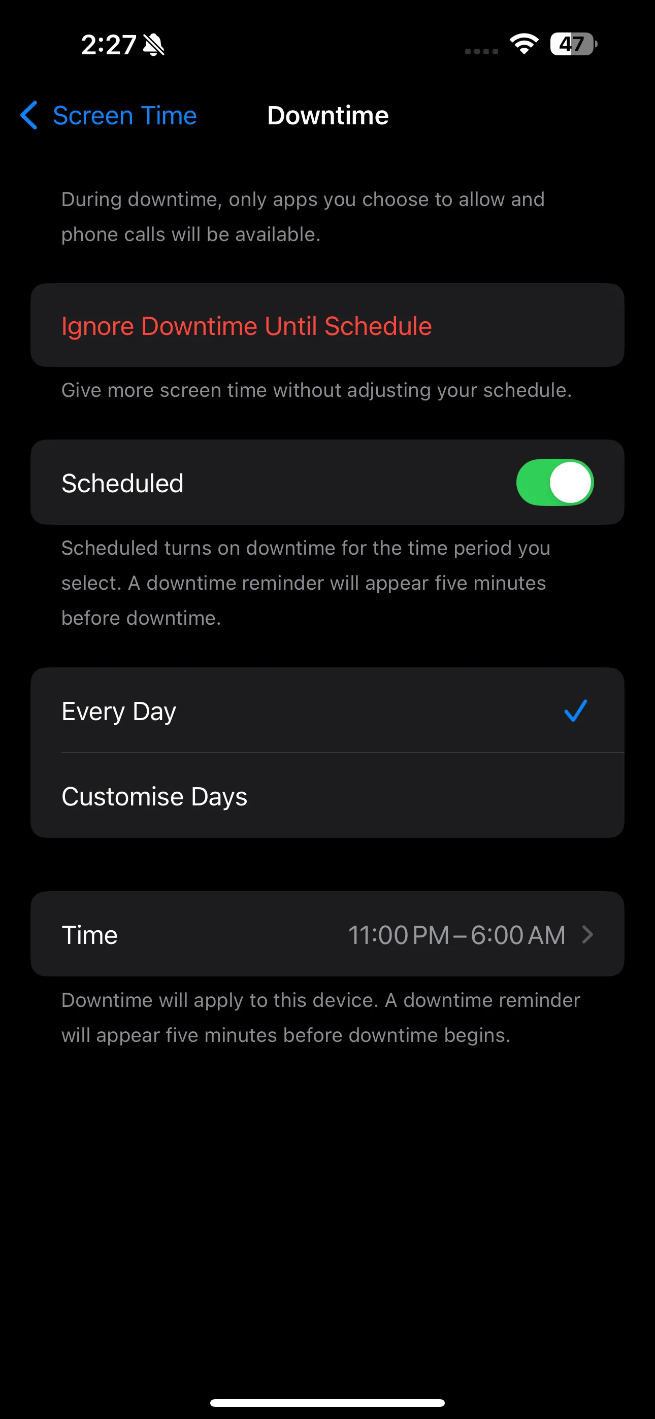 Trang cài đặt Giờ nghỉ (Downtime) trong ứng dụng Cài đặt trên iPhone, cho phép lên lịch giới hạn thời gian sử dụng.