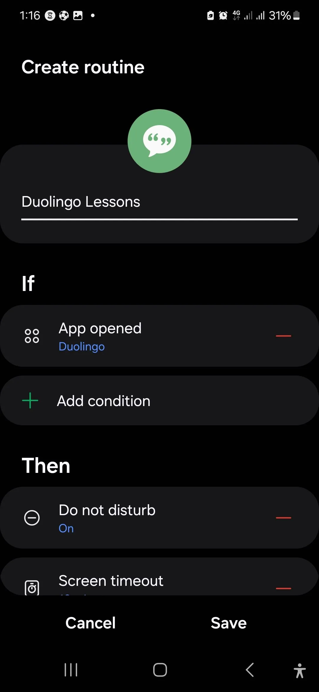 Trang cài đặt Quy trình học Duolingo trên điện thoại Samsung