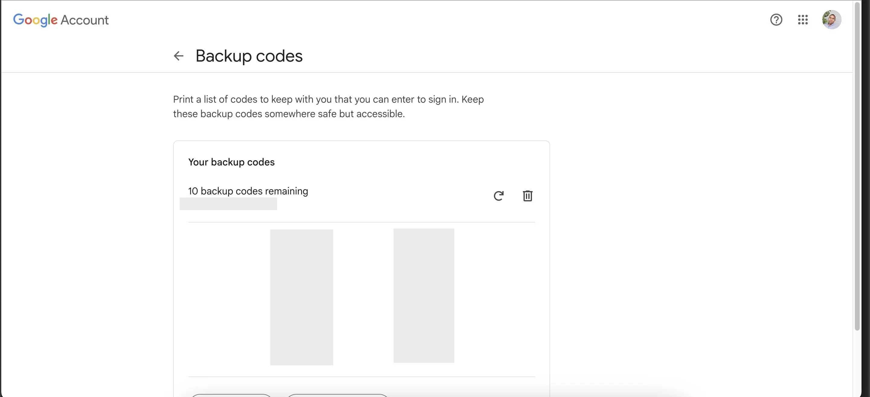 Trang cài đặt tài khoản Google hiển thị tùy chọn mã dự phòng