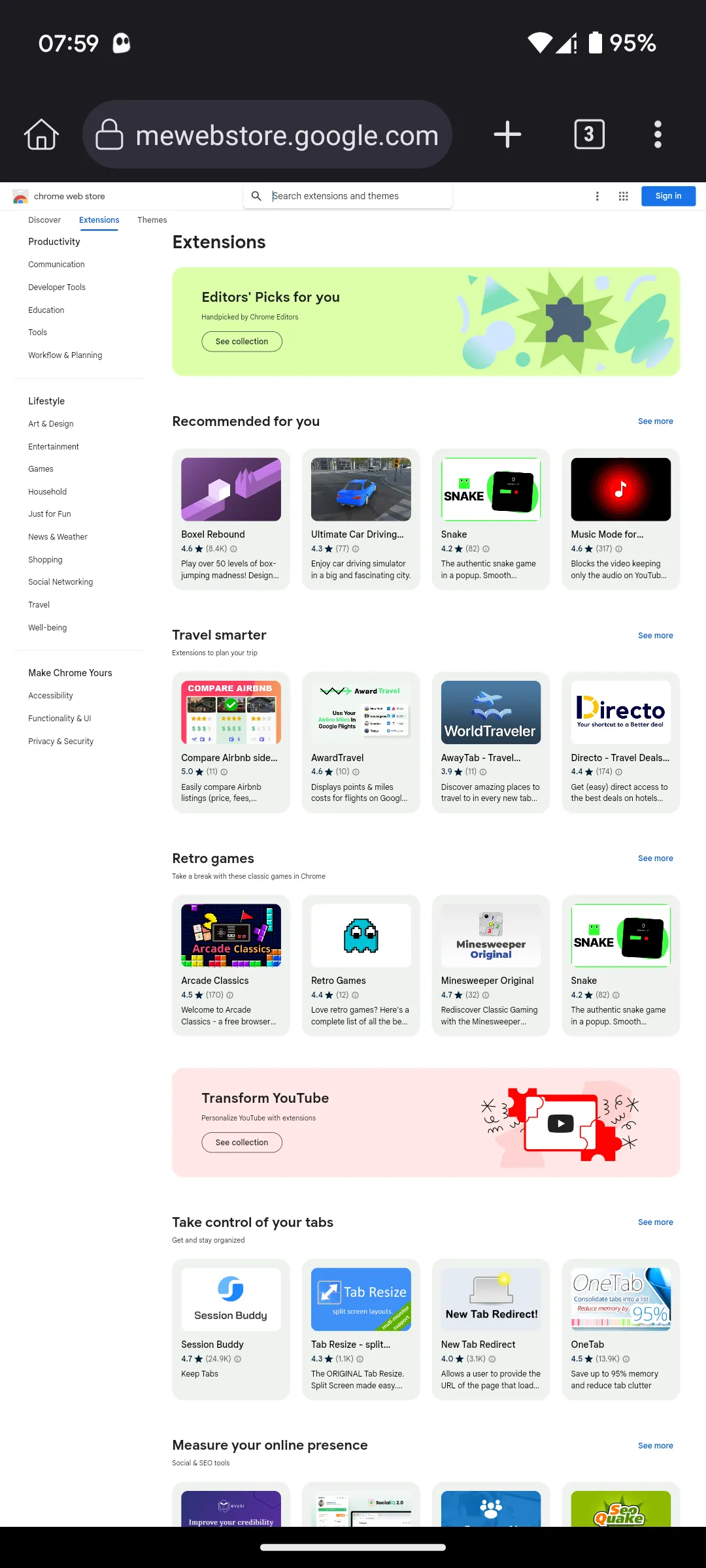 Trang chủ Chrome Web Store trong trình duyệt Kiwi