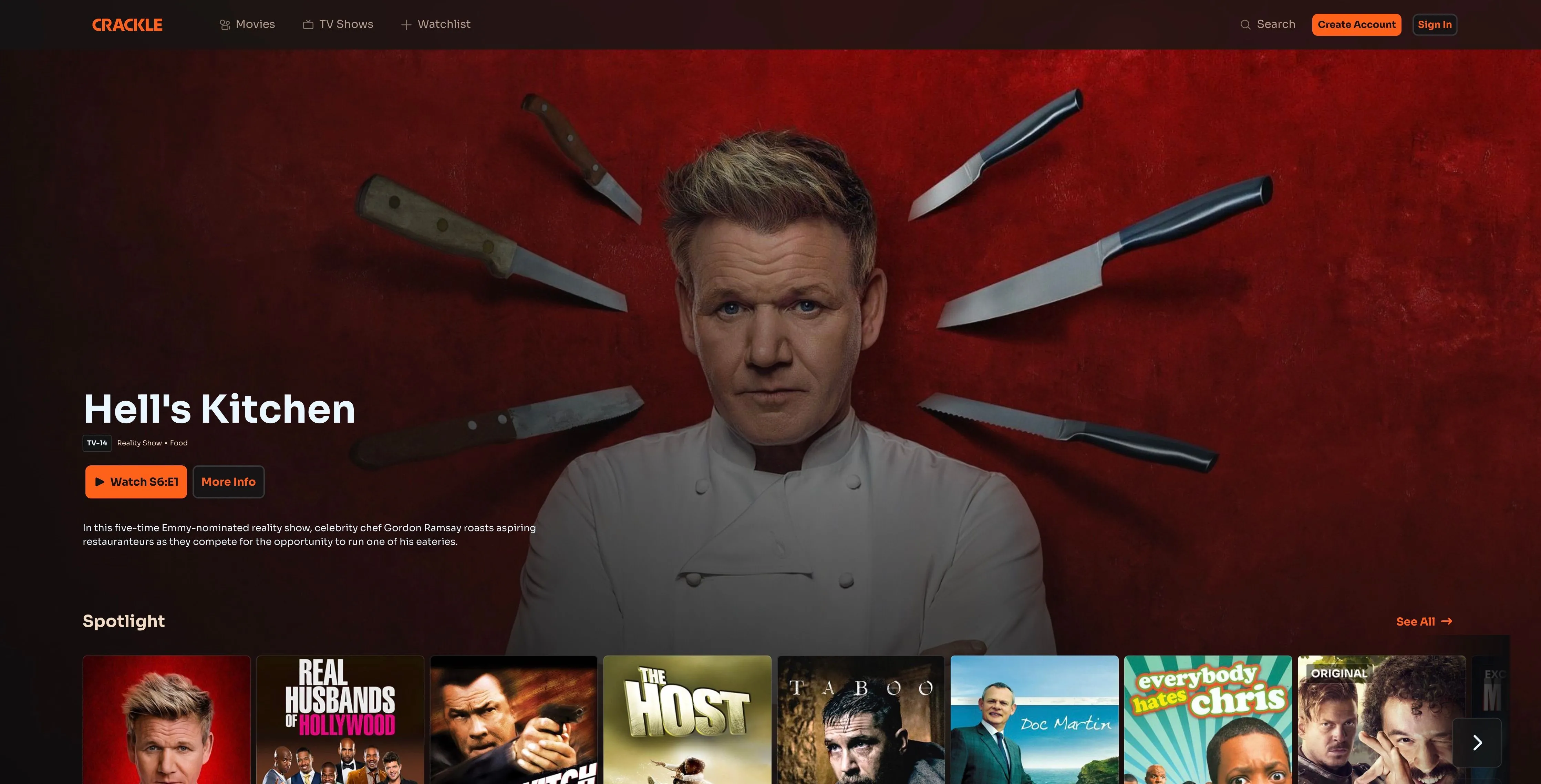 Trang chủ Crackle với quảng cáo Hells Kitchen