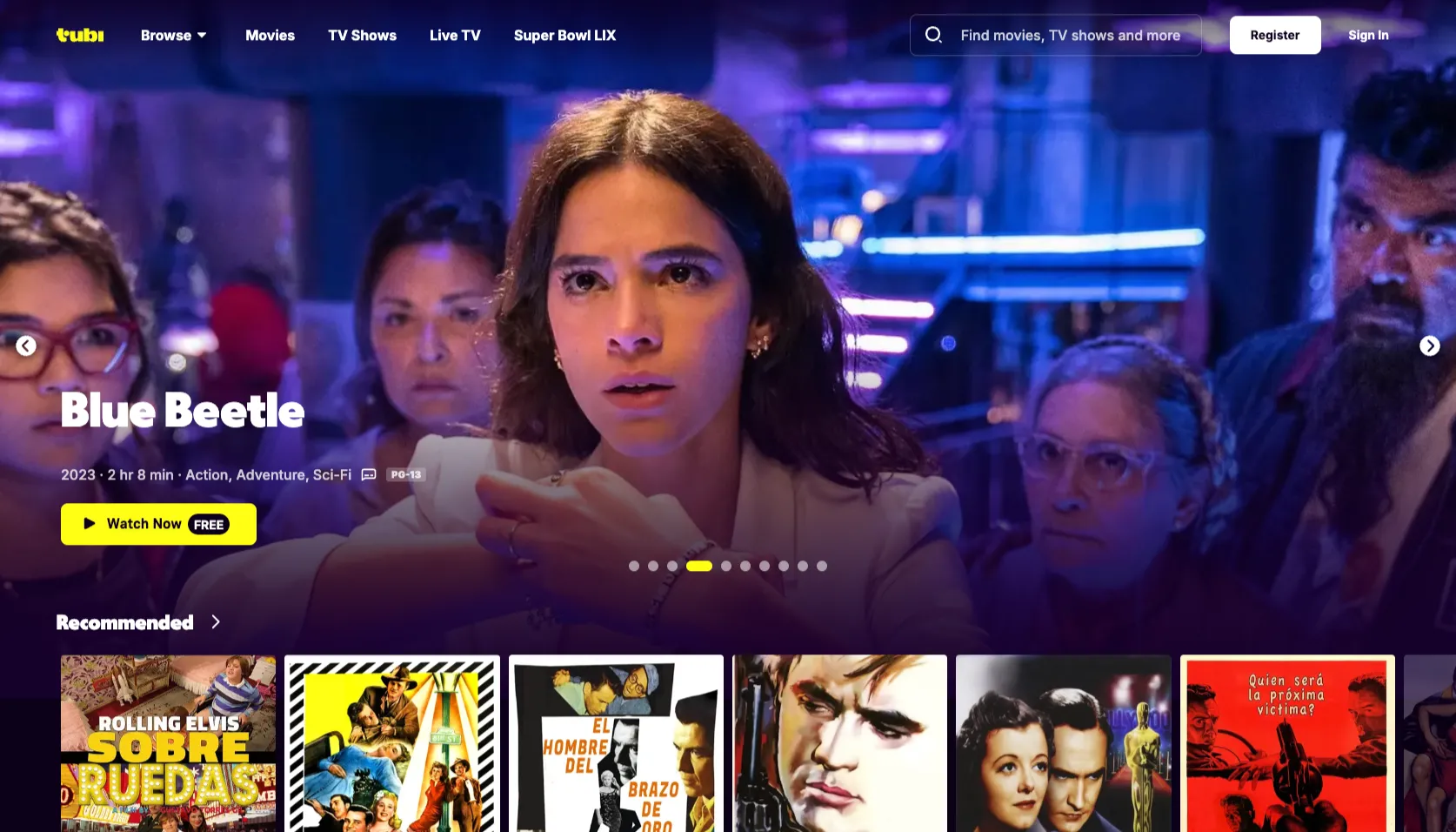 Trang chủ của nền tảng streaming miễn phí Tubi TV, nơi cung cấp nội dung giải trí đa dạng có hỗ trợ quảng cáo.
