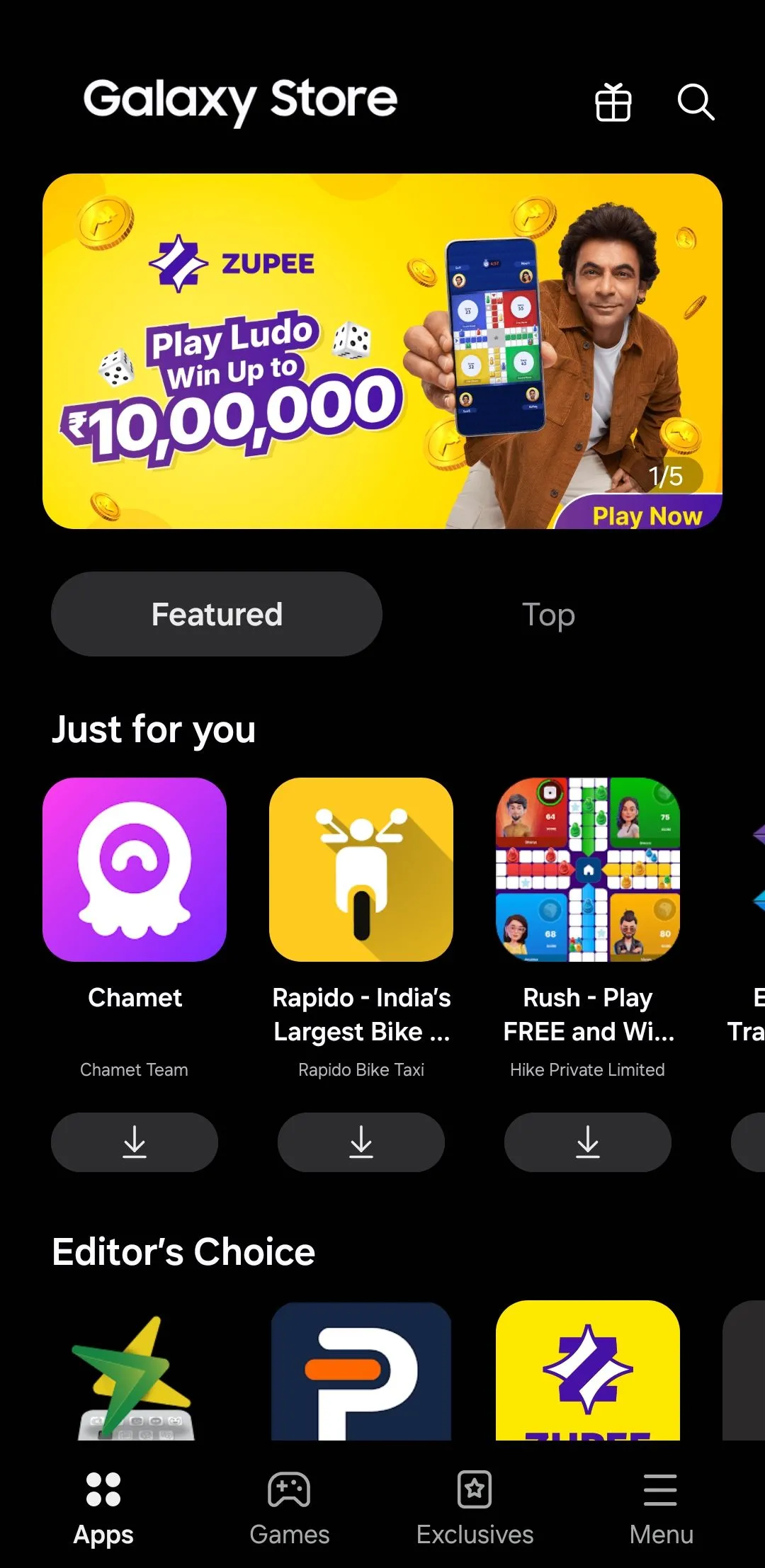 Trang chủ Samsung Galaxy Store hiển thị các ứng dụng và game độc quyền cho điện thoại Samsung.