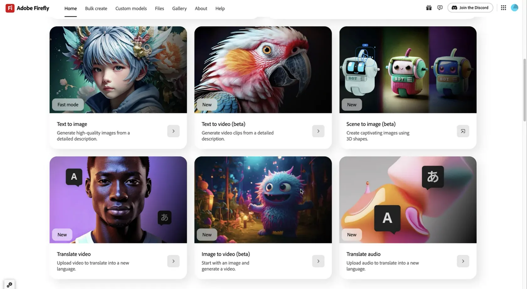 Trang chủ ứng dụng web Adobe Firefly với các công cụ AI khác nhau như tạo hình ảnh, tạo video, dịch video và dịch âm thanh.