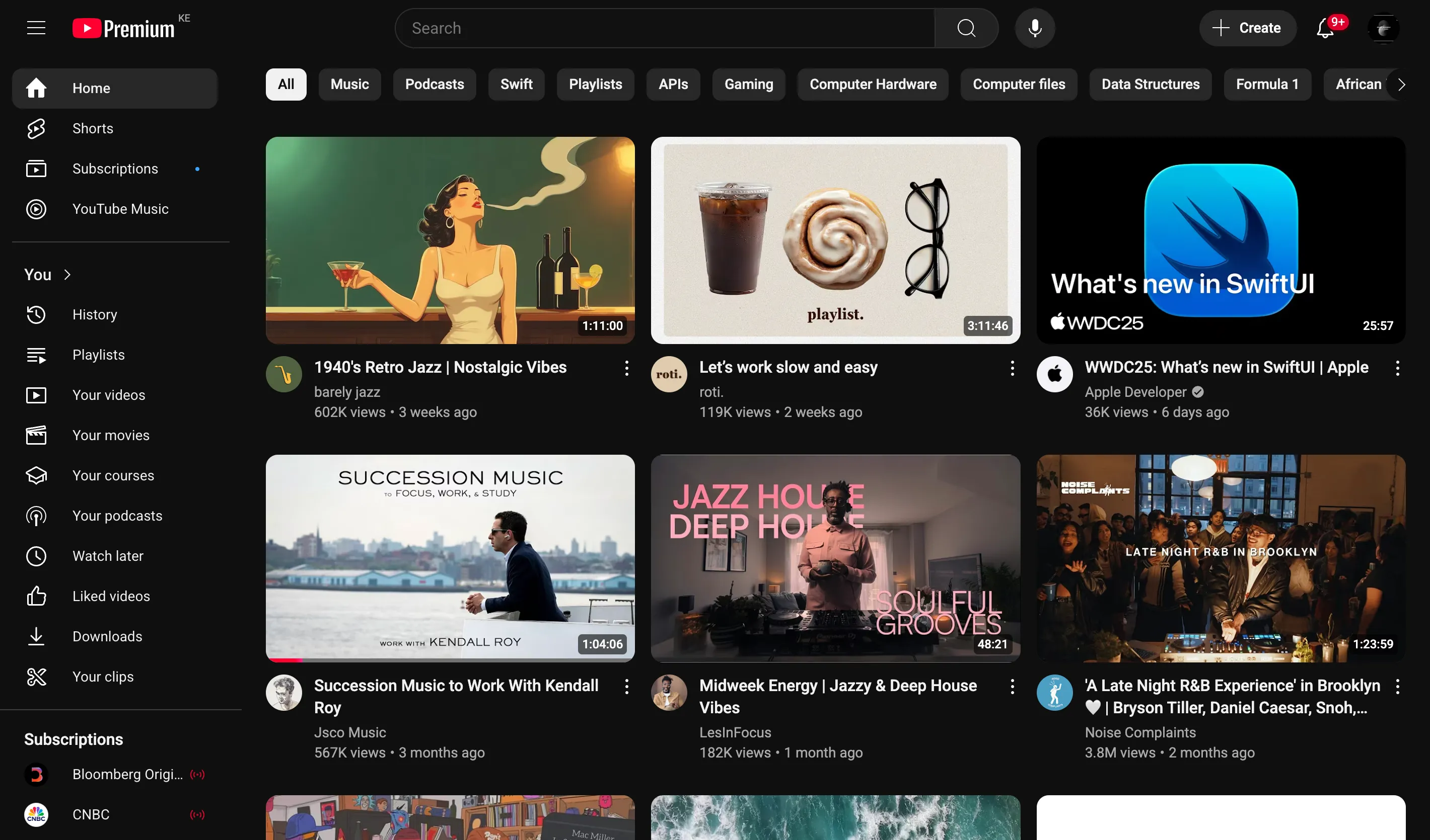 Trang chủ YouTube hiển thị nội dung đề xuất lặp lại sau khi xem một video nhạc Jazz
