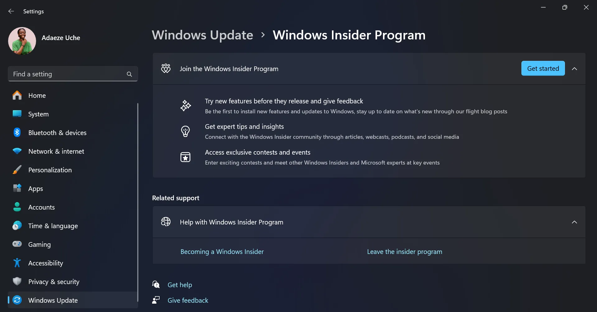 Trang Chương trình Windows Insider trong ứng dụng Cài đặt trên Windows 11
