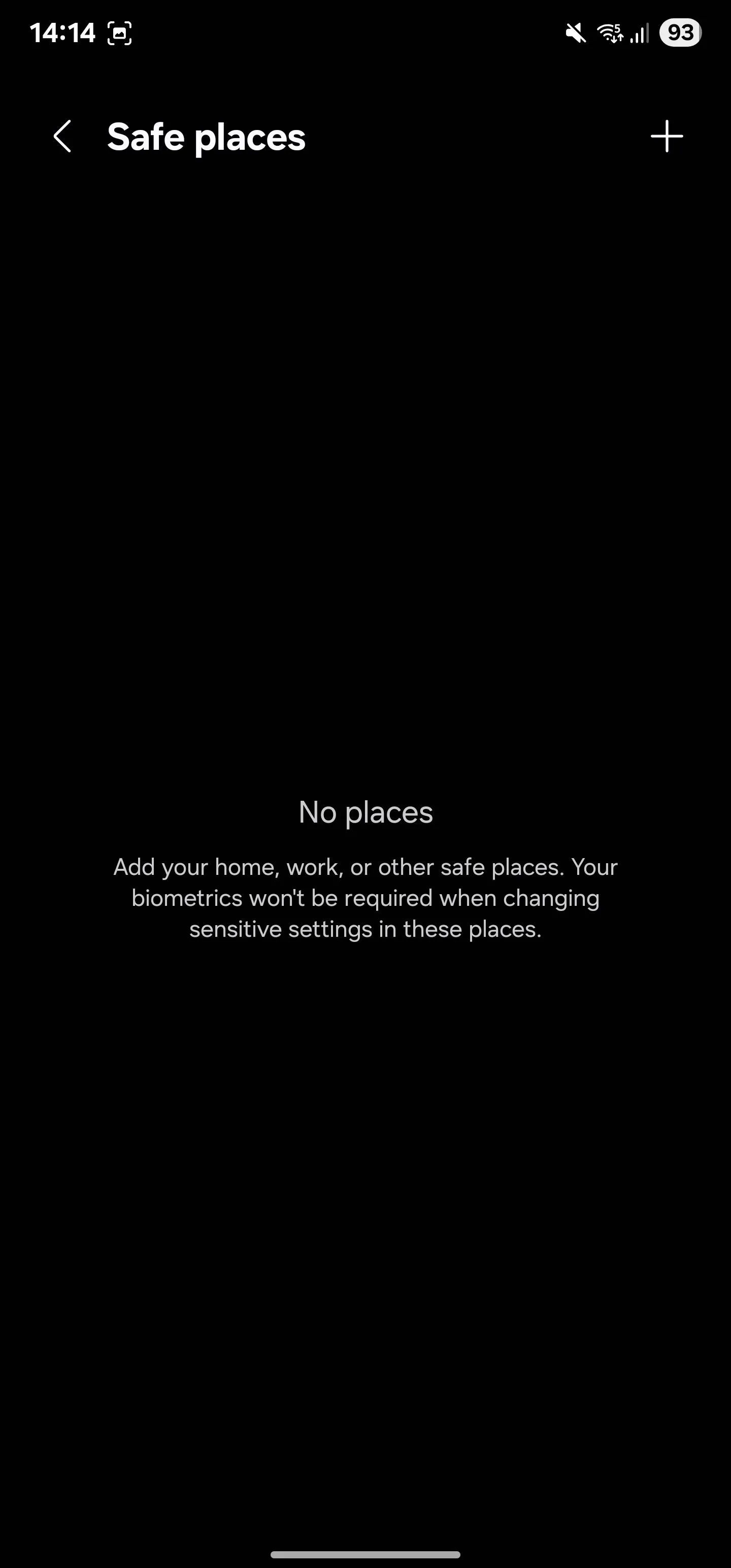 Trang 'Địa điểm an toàn' (Safe places) trong cài đặt Kiểm tra danh tính của Samsung.