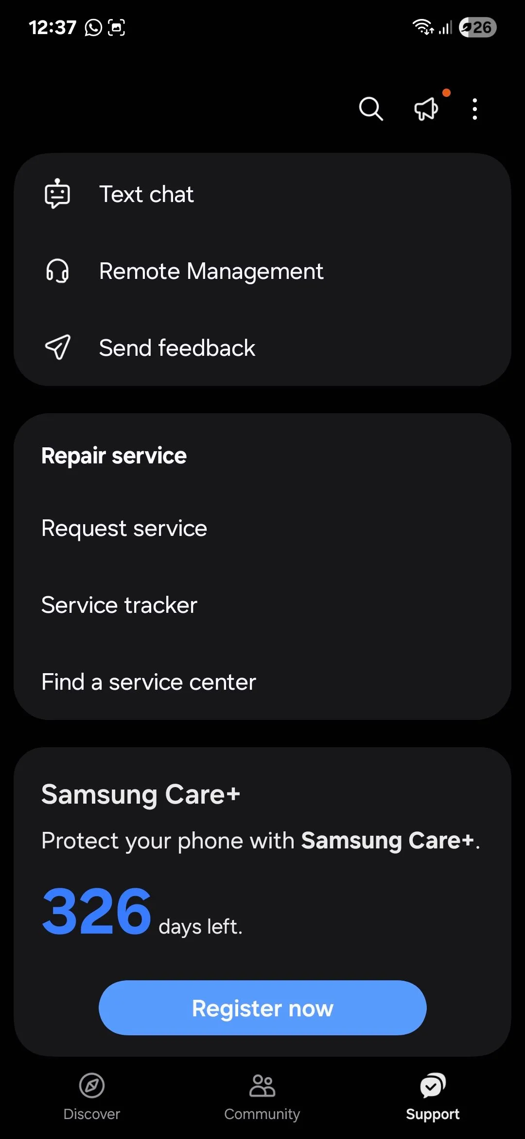 Trang hỗ trợ của ứng dụng Samsung Members cung cấp thông tin và giải pháp.