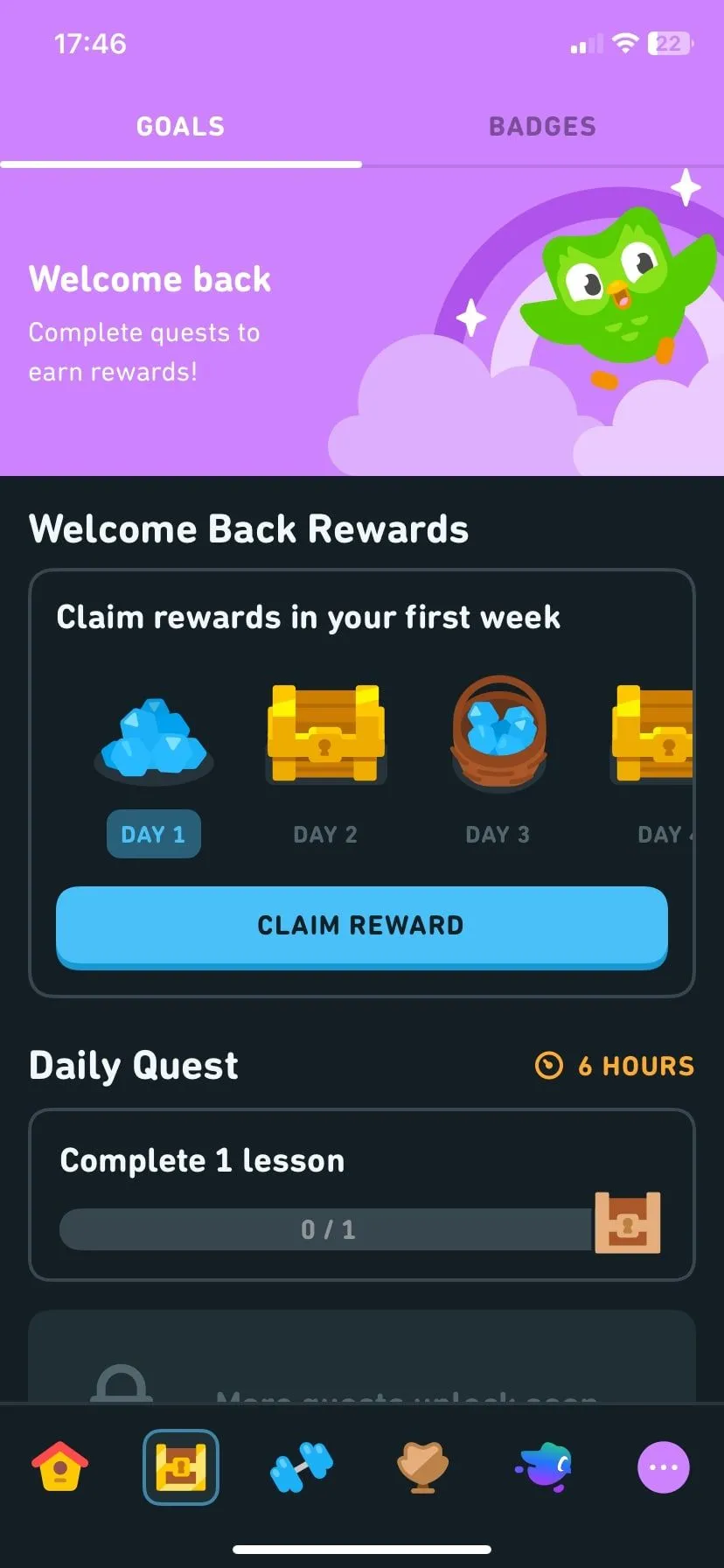 Trang mục tiêu học tập của ứng dụng Duolingo, giúp người du lịch một mình học các câu giao tiếp cơ bản của ngôn ngữ địa phương.