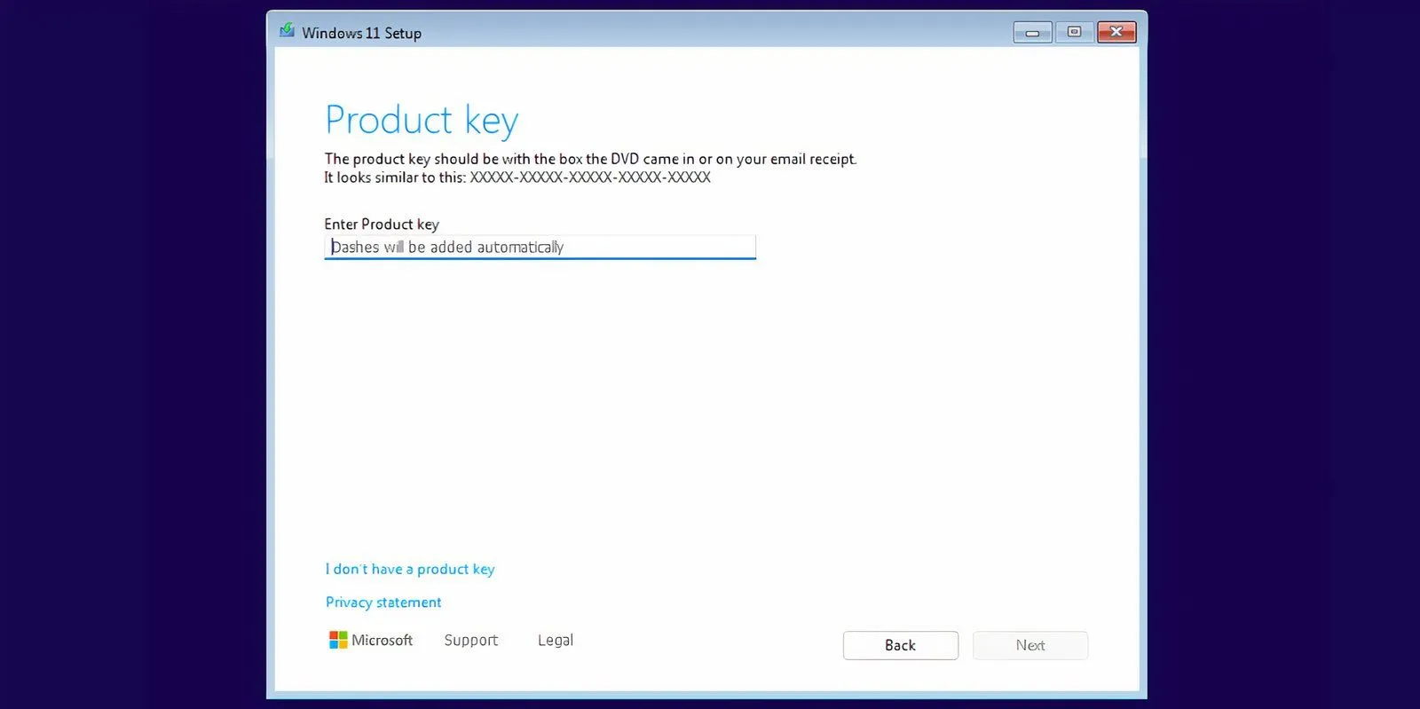 Trang nhập khóa sản phẩm trong quá trình cài đặt Windows 11