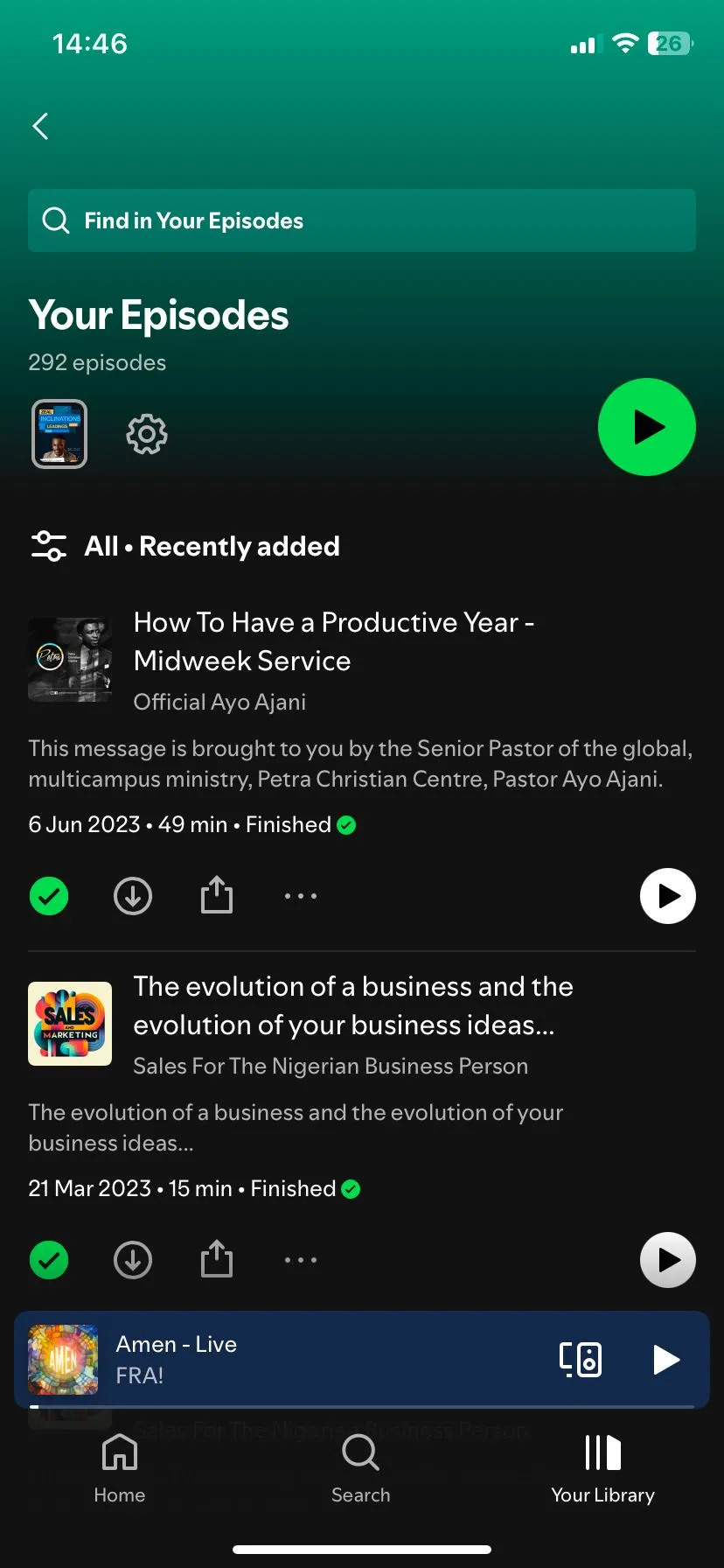 Trang &quot;Tập của bạn&quot; trong ứng dụng Spotify hiển thị các podcast đã tải xuống