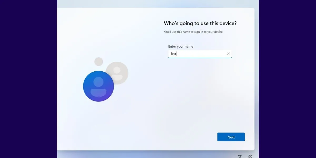 Trang thiết lập tài khoản người dùng trong quá trình cài đặt OOBE của Windows 11