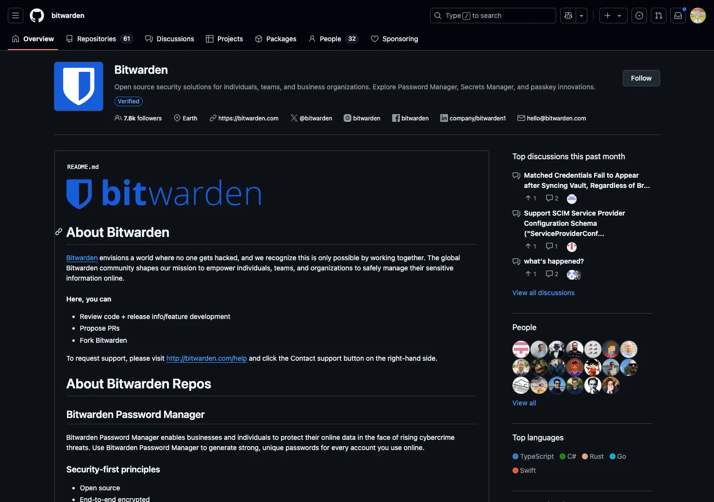 Trang tổ chức Bitwarden trên GitHub
