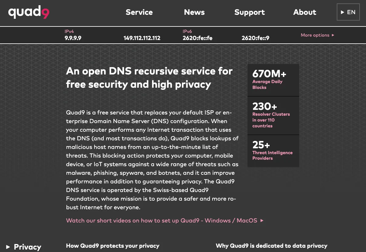 Trang web chính thức của dịch vụ phân giải DNS Quad9