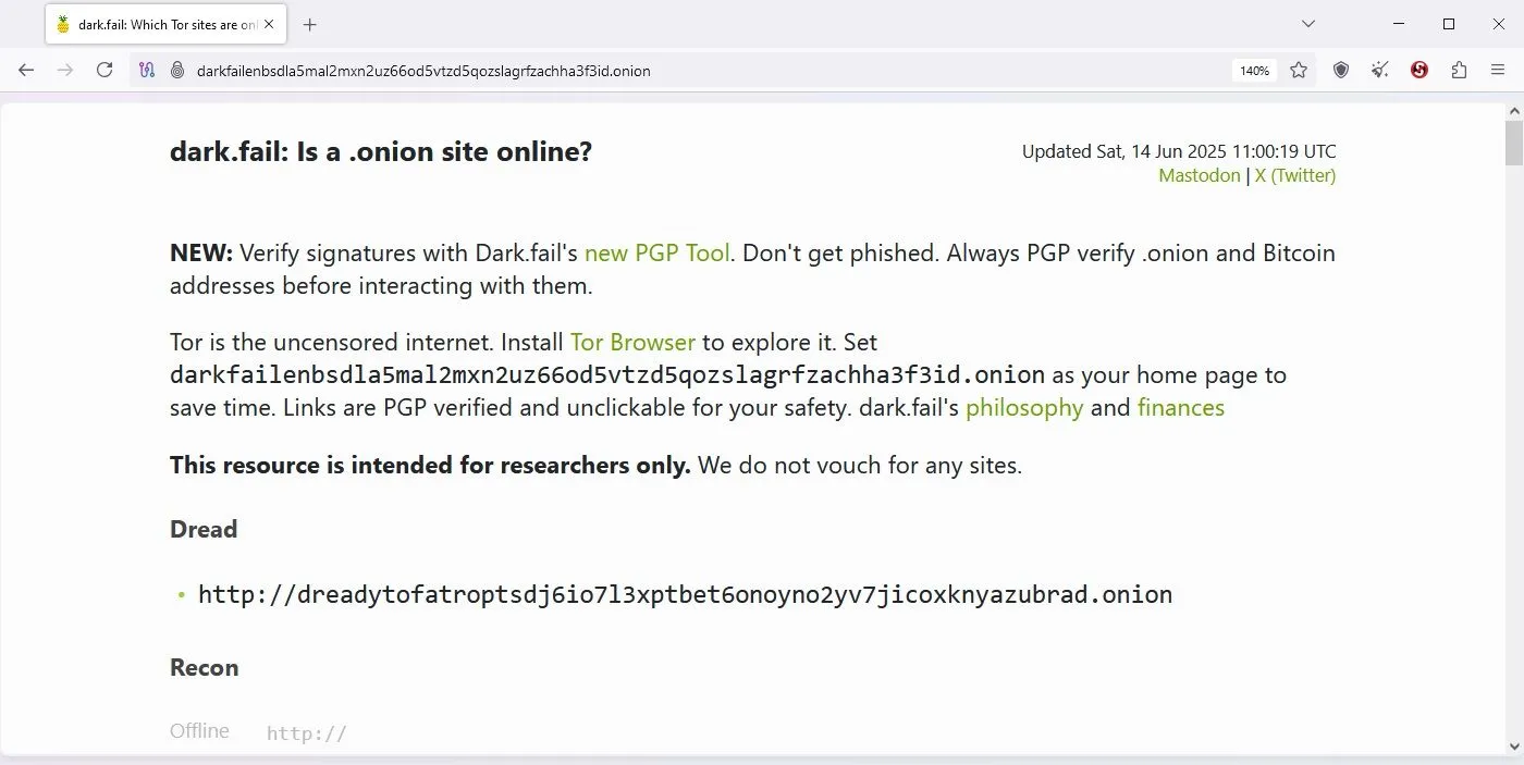 Trang web Dark Fail trên trình duyệt Tor