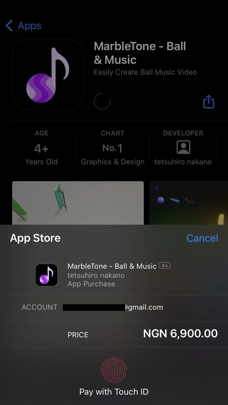 Trang xác nhận thanh toán trên App Store với tùy chọn Touch ID hoặc mật khẩu