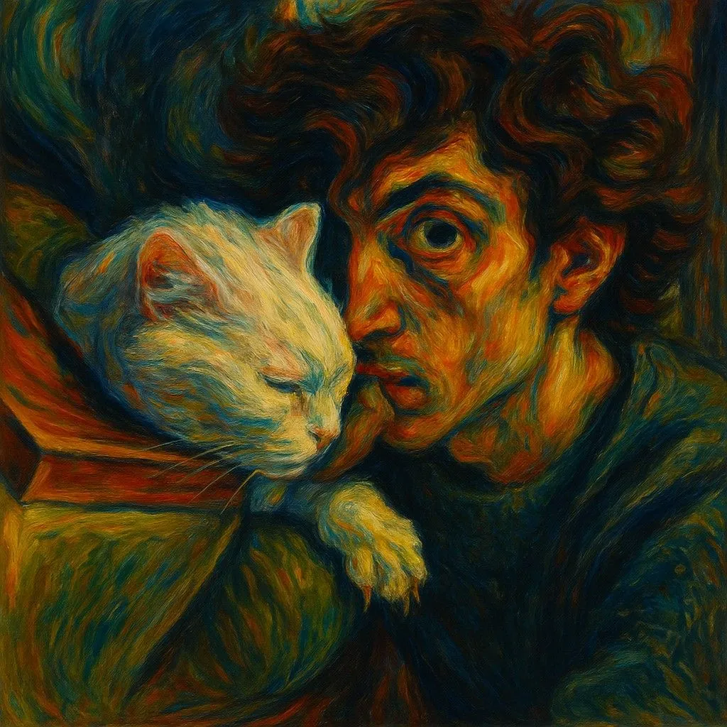 Tranh phong cách Expressionism của người đàn ông và mèo trắng, thể hiện cảm xúc mạnh mẽ qua biến dạng hình thể và màu sắc.