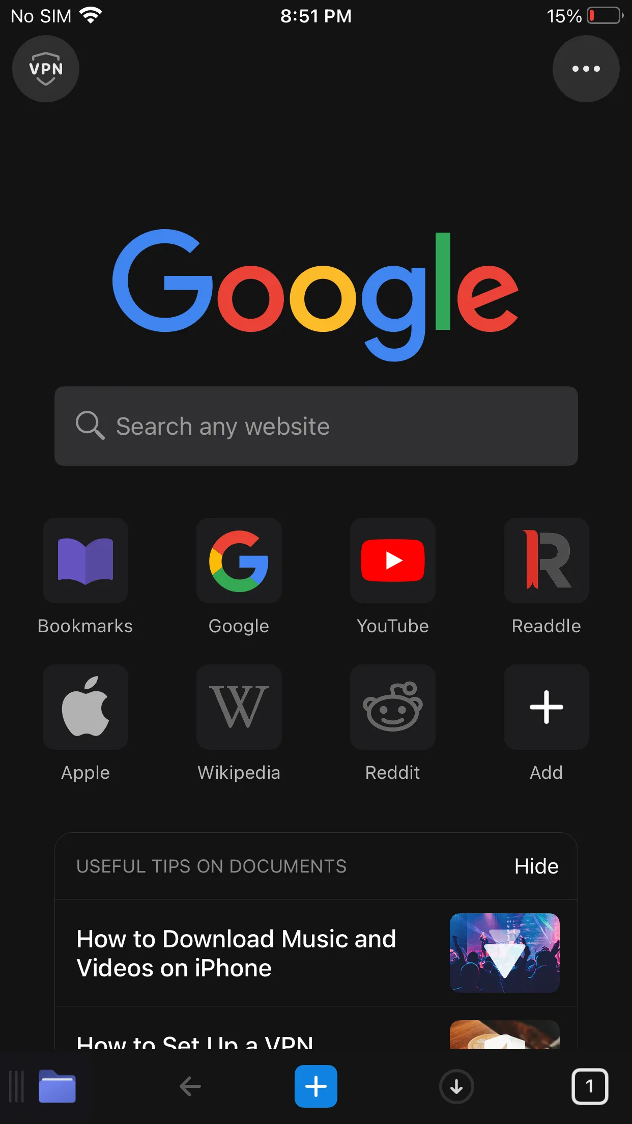 Trình duyệt web di động trong Documents trên iPhone