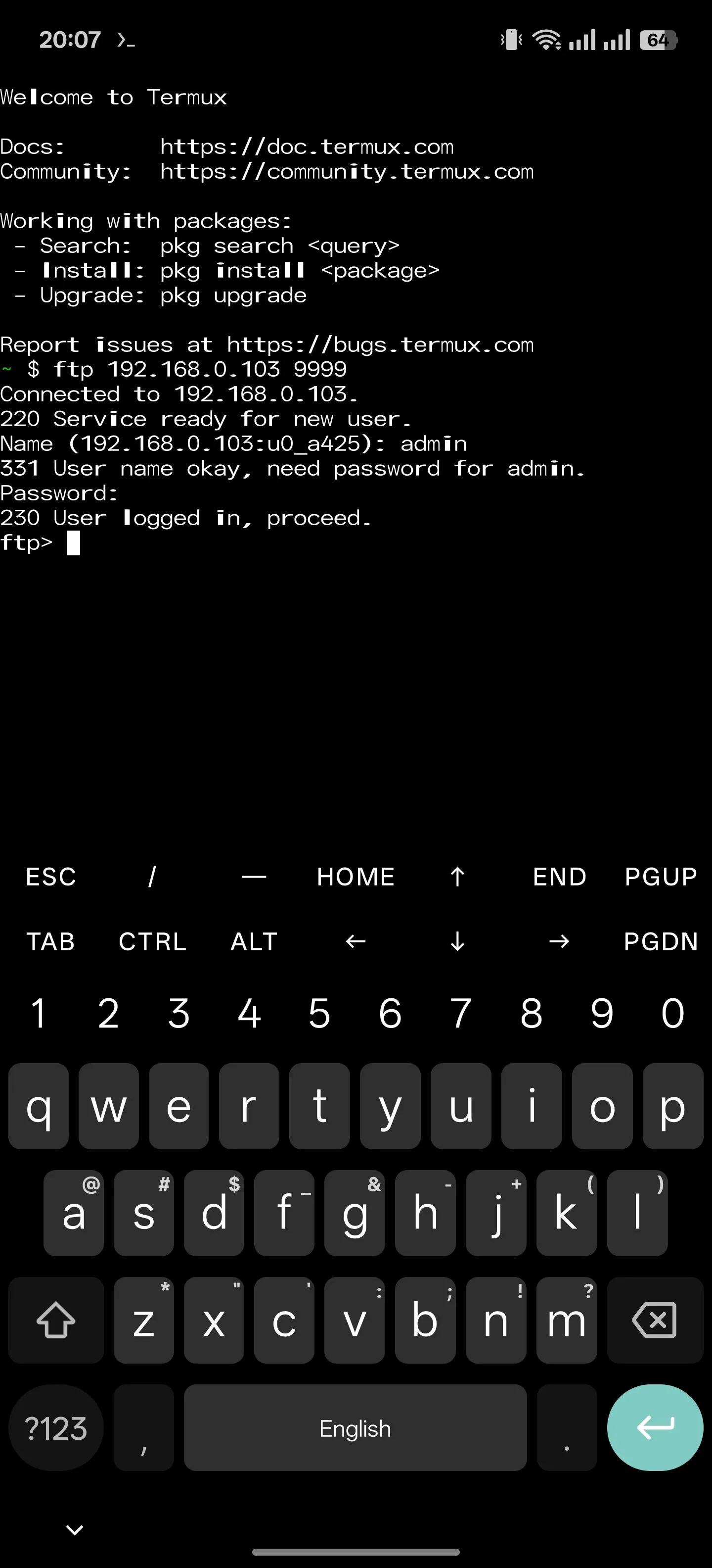 Truy cập tệp từ thiết bị khác qua FTP bằng ứng dụng Termux trên Android.