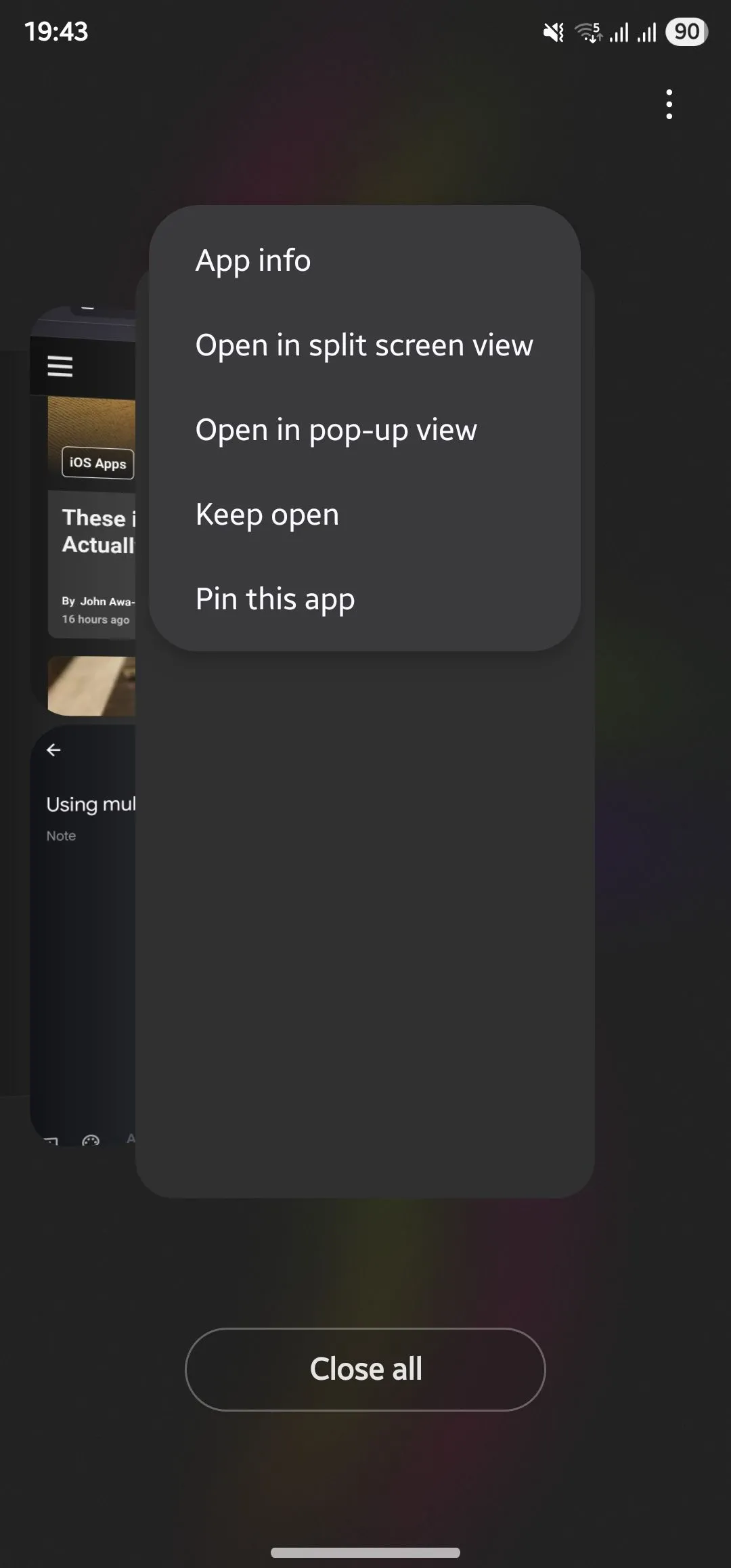 Truy cập tùy chọn đa nhiệm cho ứng dụng trong menu Recents trên điện thoại Samsung