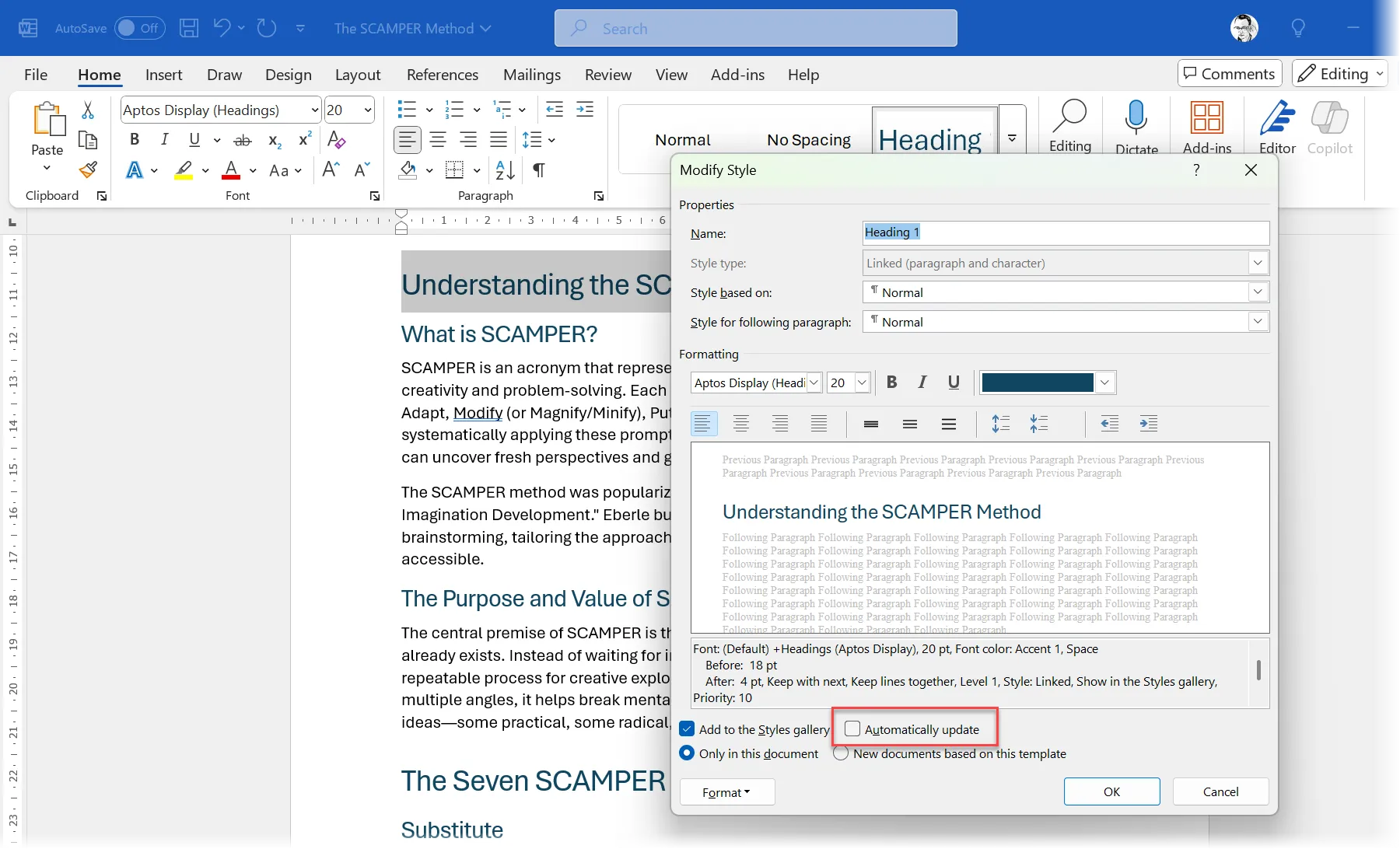 Tùy chọn Automatically Update trong Microsoft Word Styles
