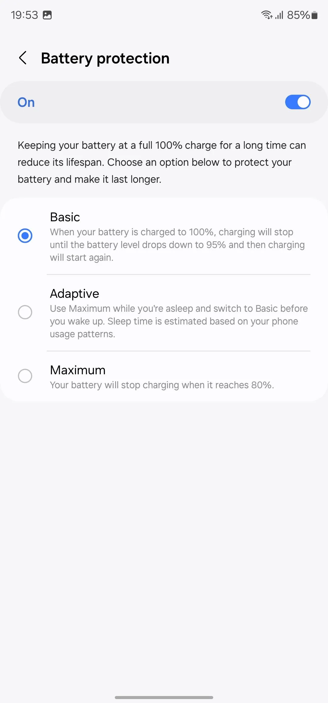 Tùy chọn Bảo vệ pin trên điện thoại Samsung Galaxy, minh họa cài đặt để tối ưu hóa sạc và duy trì sức khỏe pin.