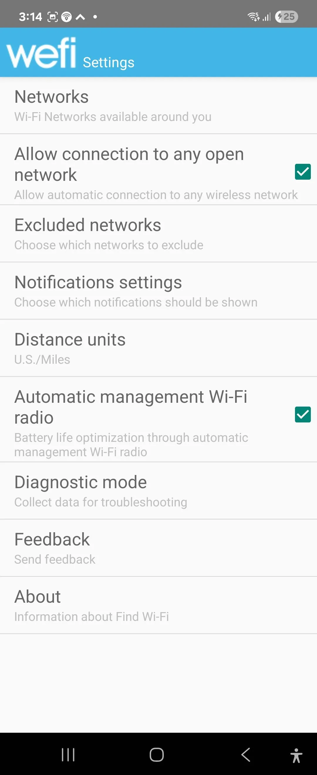 Tùy chọn cài đặt của ứng dụng WeFi trên điện thoại Android