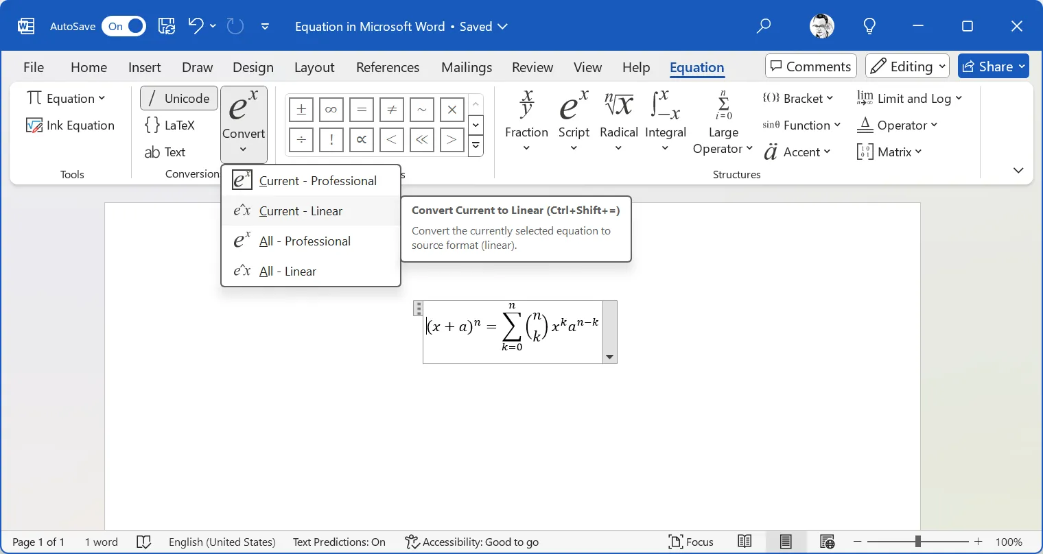 Tùy chọn chuyển đổi định dạng công thức toán học từ Professional sang Linear trong Microsoft Word.