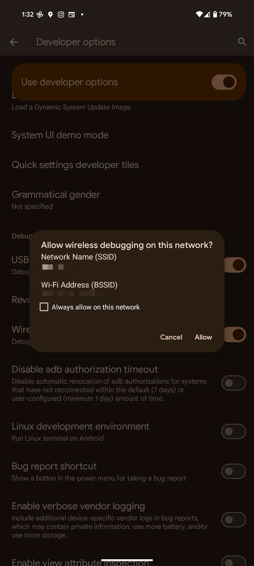 Tùy chọn Gỡ lỗi qua mạng không dây trong cài đặt nhà phát triển Android