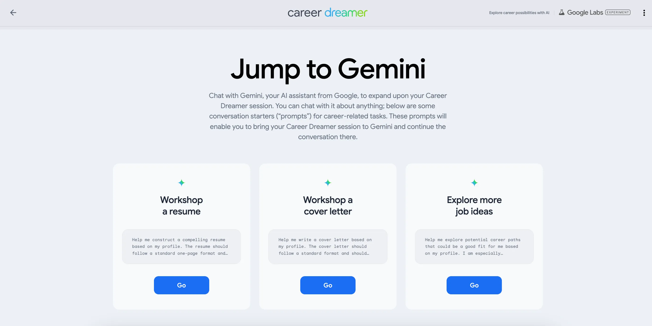 Tùy chọn Jump to Gemini trong Google Career Dreamer để hỗ trợ viết CV