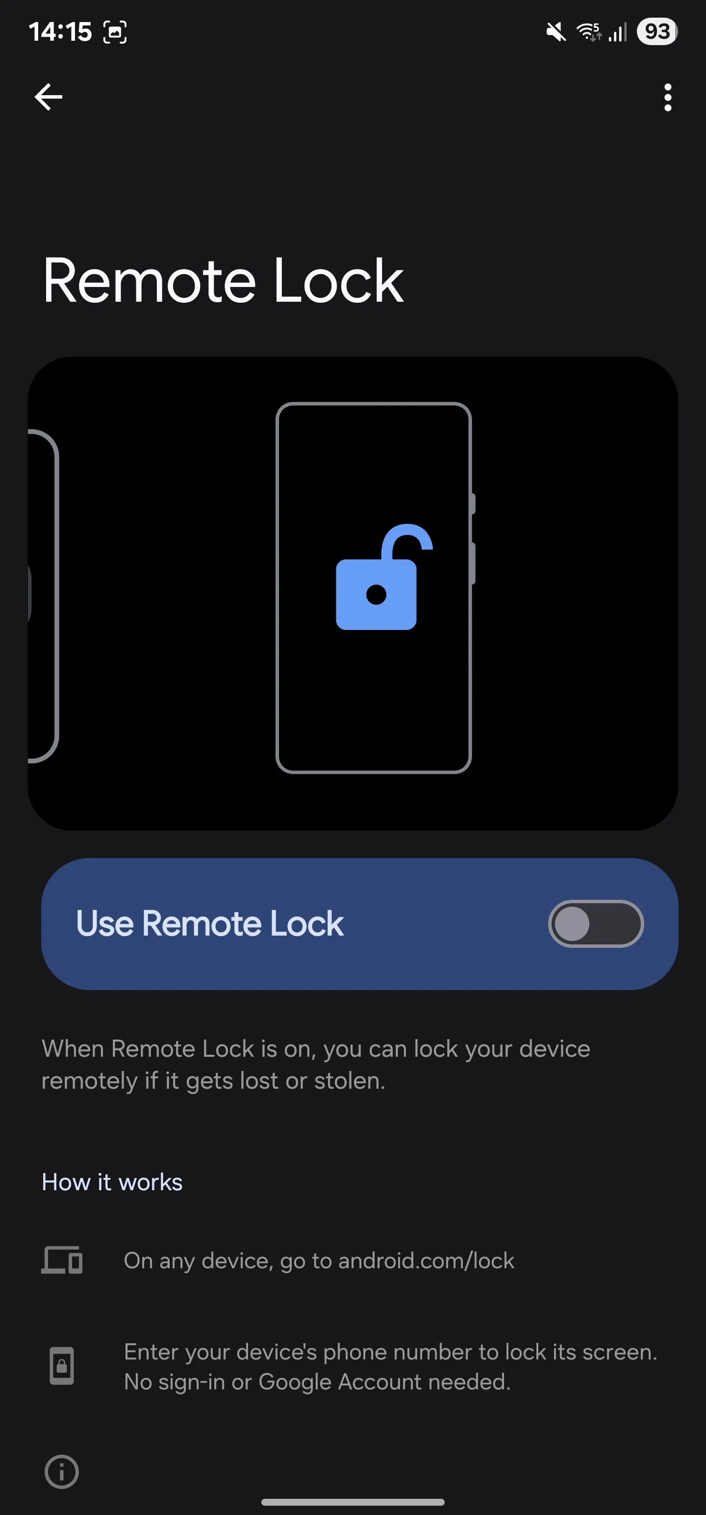 Tùy chọn Khóa từ xa (Remote Lock) đã được bật trên điện thoại Samsung Galaxy.