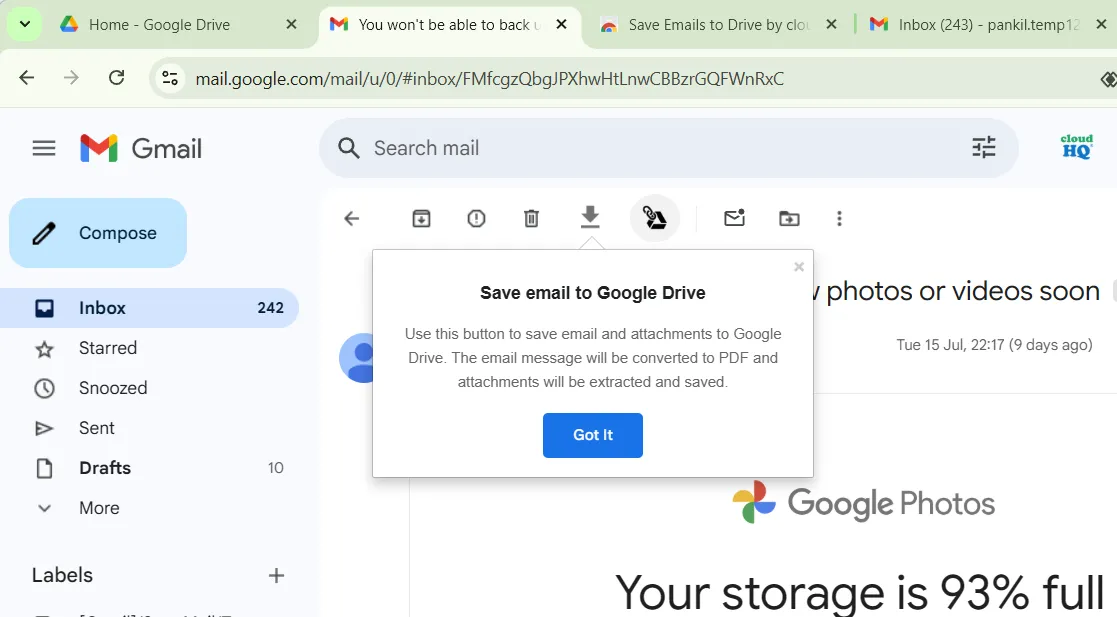 Tùy chọn lưu email từ Gmail vào Google Drive qua tiện ích Save Emails của cloudHQ