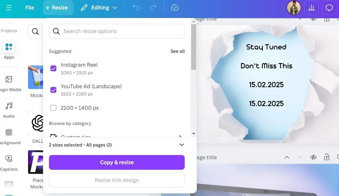 Tùy chọn Magic Resize (Thay đổi kích thước thần kỳ) trong ứng dụng Canva Pro