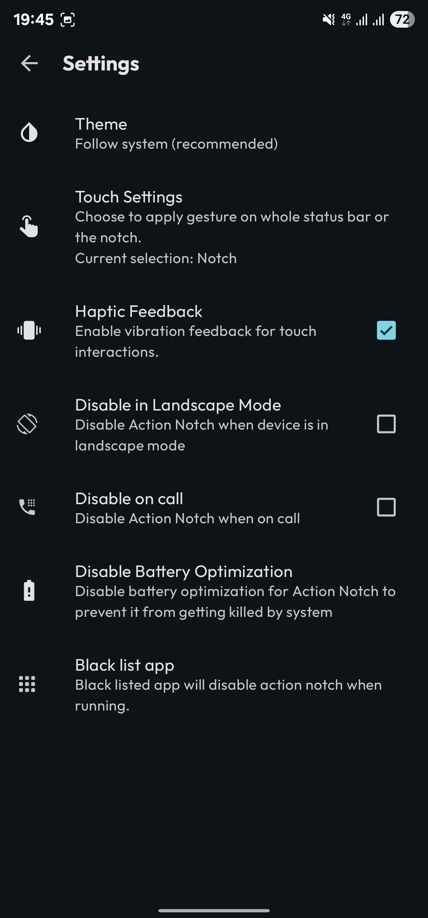 Tùy chọn Phản hồi Xúc giác (Haptic Feedback) đã được bật trong cài đặt của Action Notch.