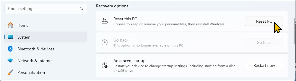 Tùy chọn Reset This PC trong ứng dụng Cài đặt Phục hồi trên Windows 11