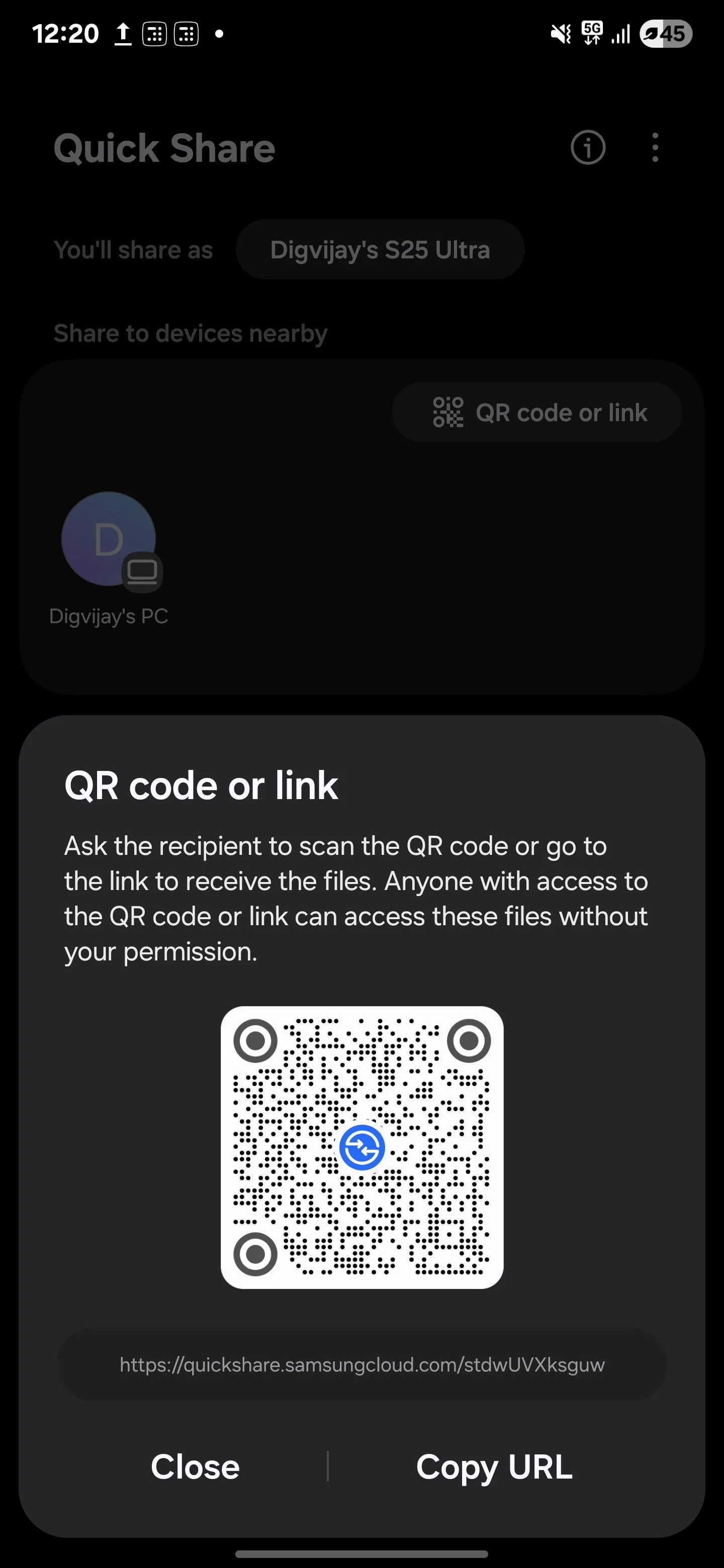 Tùy chọn tạo liên kết hoặc mã QR để chia sẻ file rộng rãi hơn trong Quick Share