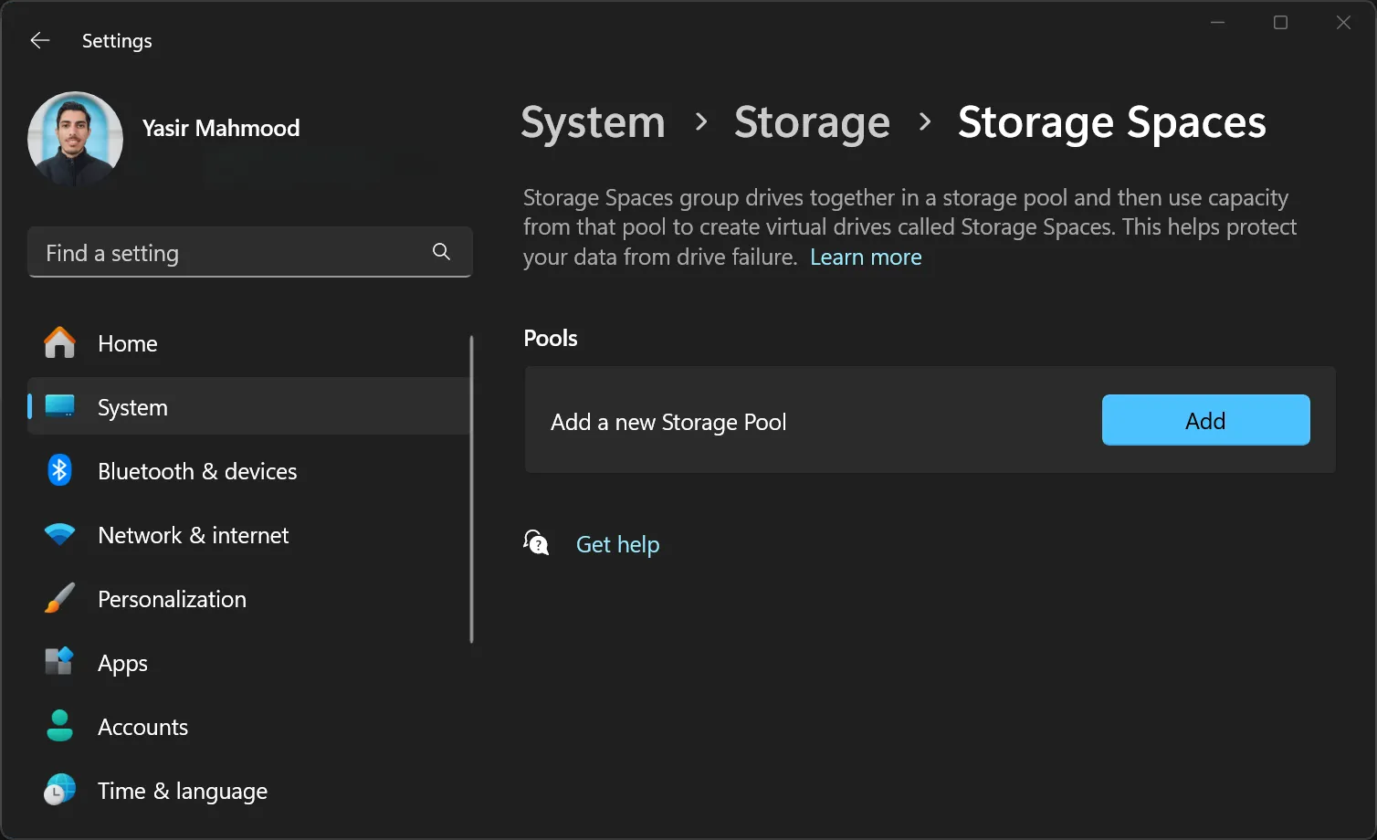 Tùy chọn tạo vùng lưu trữ mới trong Storage Spaces của Windows.
