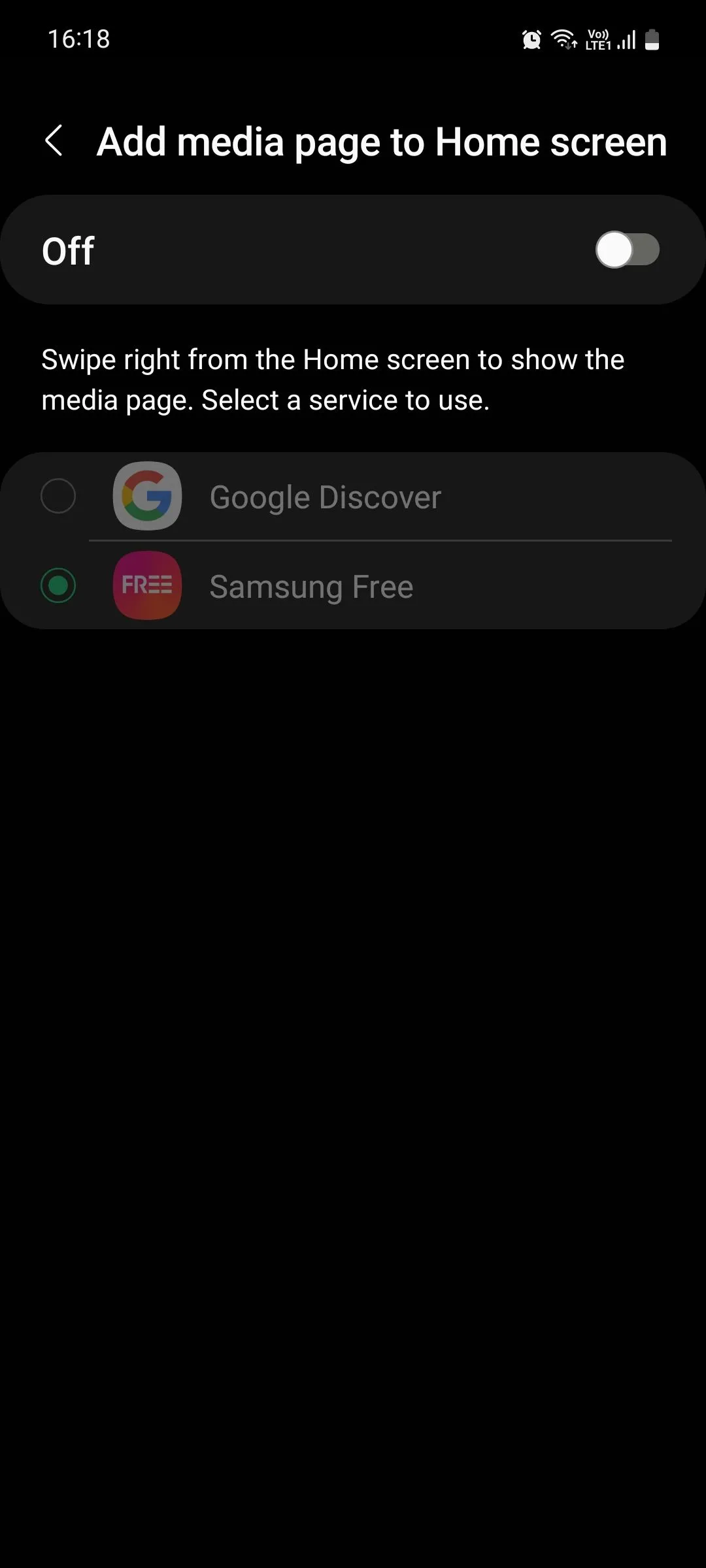 Tùy chọn tắt trang Media của Samsung Free trên màn hình chính trong cài đặt của điện thoại Samsung.