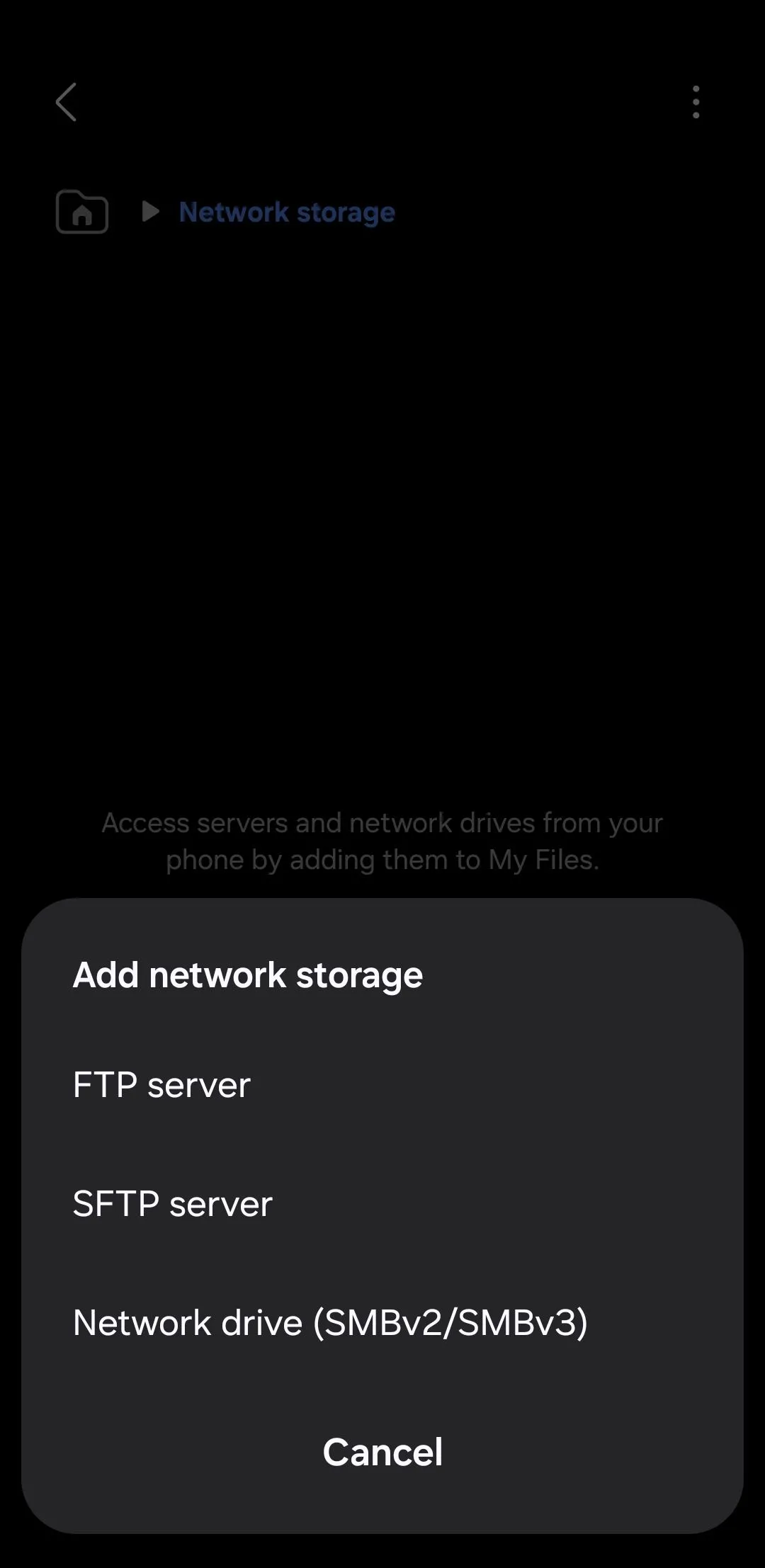Tùy chọn thêm bộ nhớ mạng trong ứng dụng Samsung Files