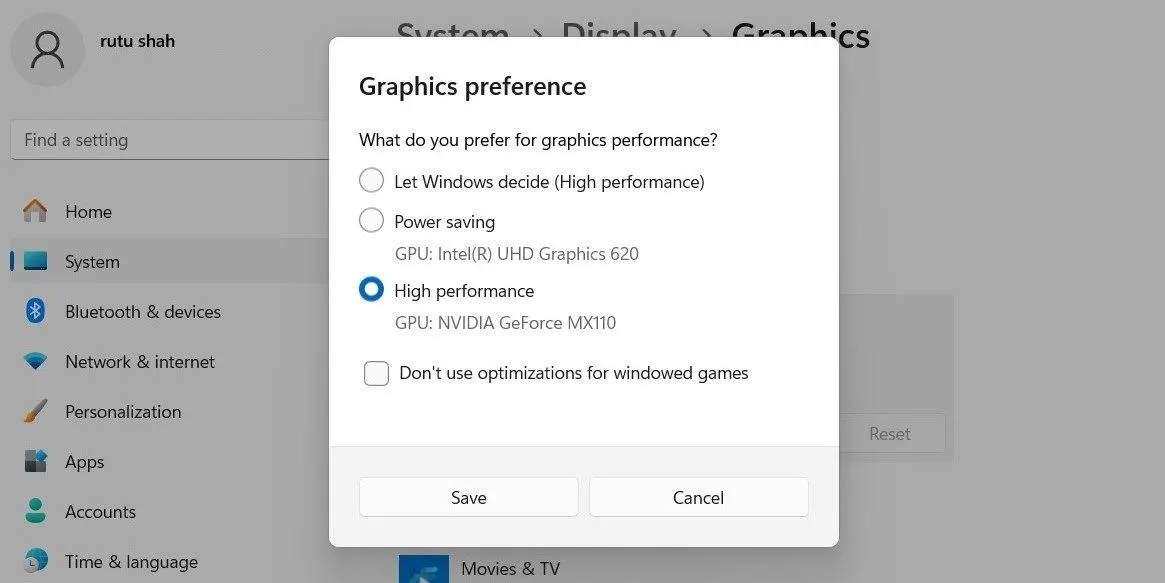 Tùy chọn thiết lập ưu tiên card đồ họa cho ứng dụng trong Windows 11.