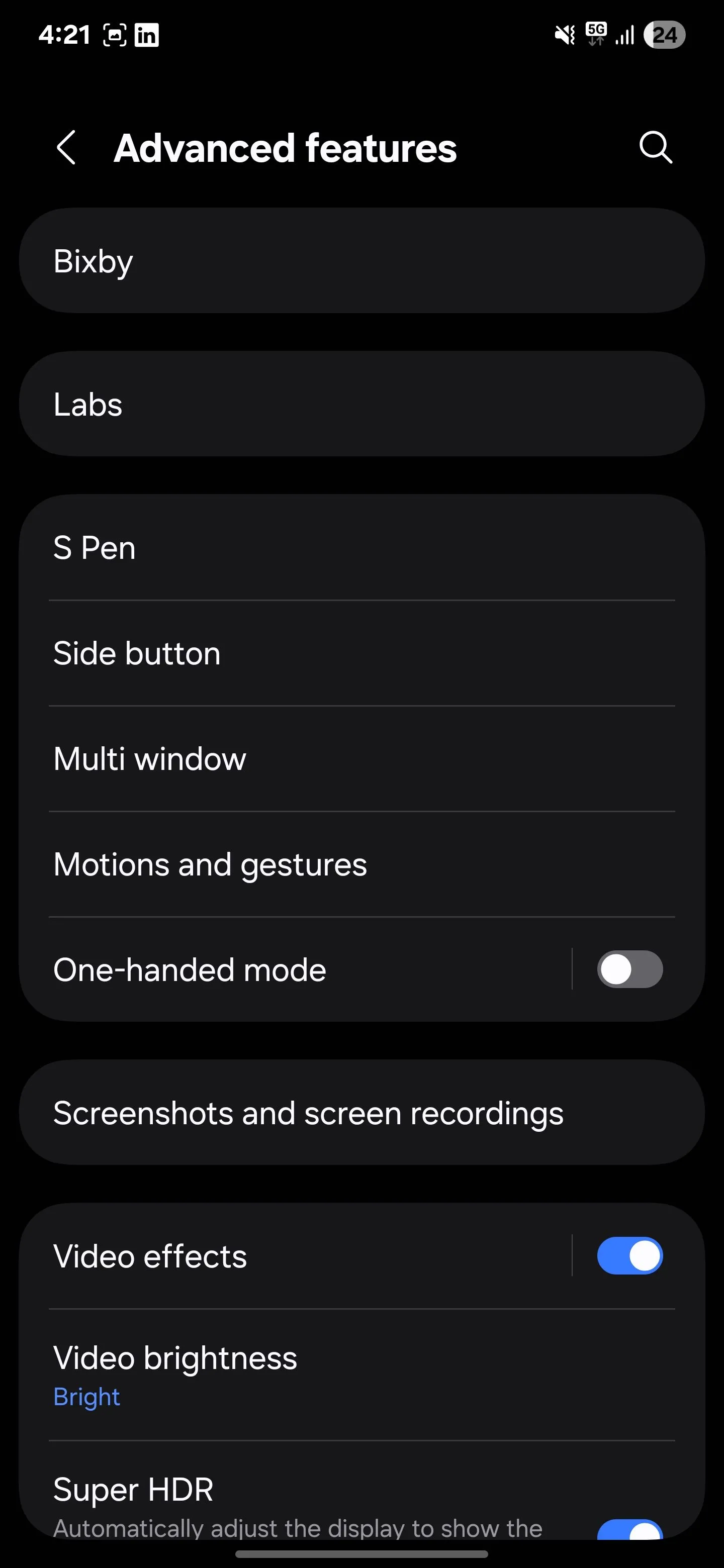 Tùy chọn Tính năng nâng cao trong cài đặt Samsung