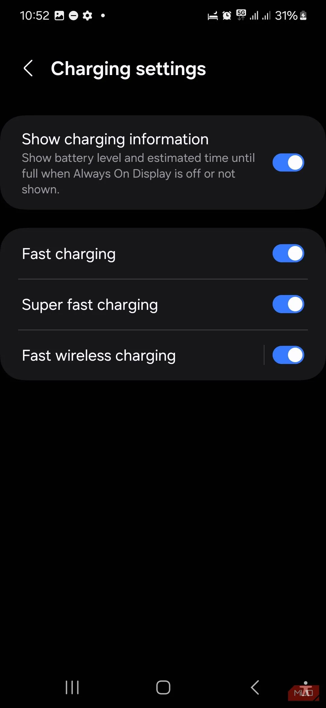 Tùy chọn vô hiệu hóa Sạc nhanh và Sạc siêu nhanh trong cài đặt pin Samsung