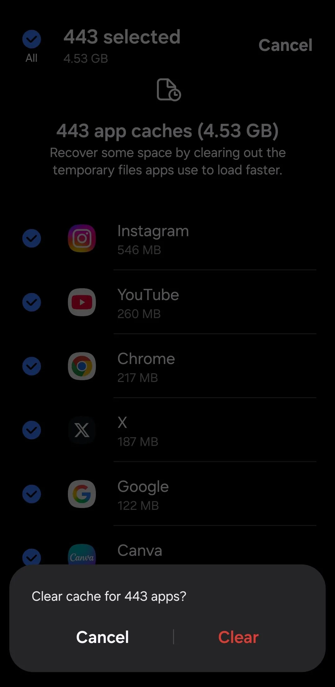 Tùy chọn xóa tất cả bộ nhớ đệm ứng dụng trên điện thoại Samsung