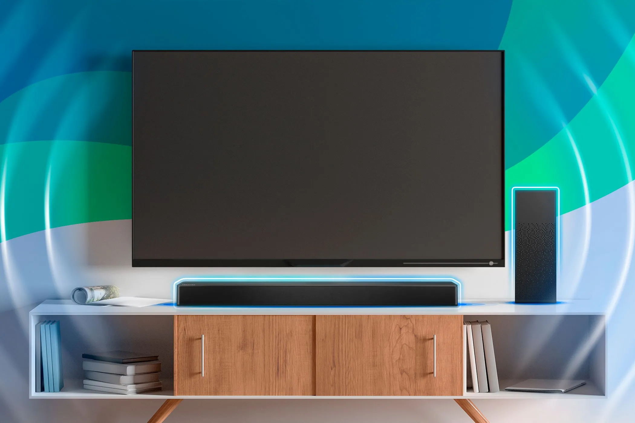 TV hiện đại gắn tường cùng soundbar, nhấn mạnh nhu cầu cải thiện âm thanh tích hợp