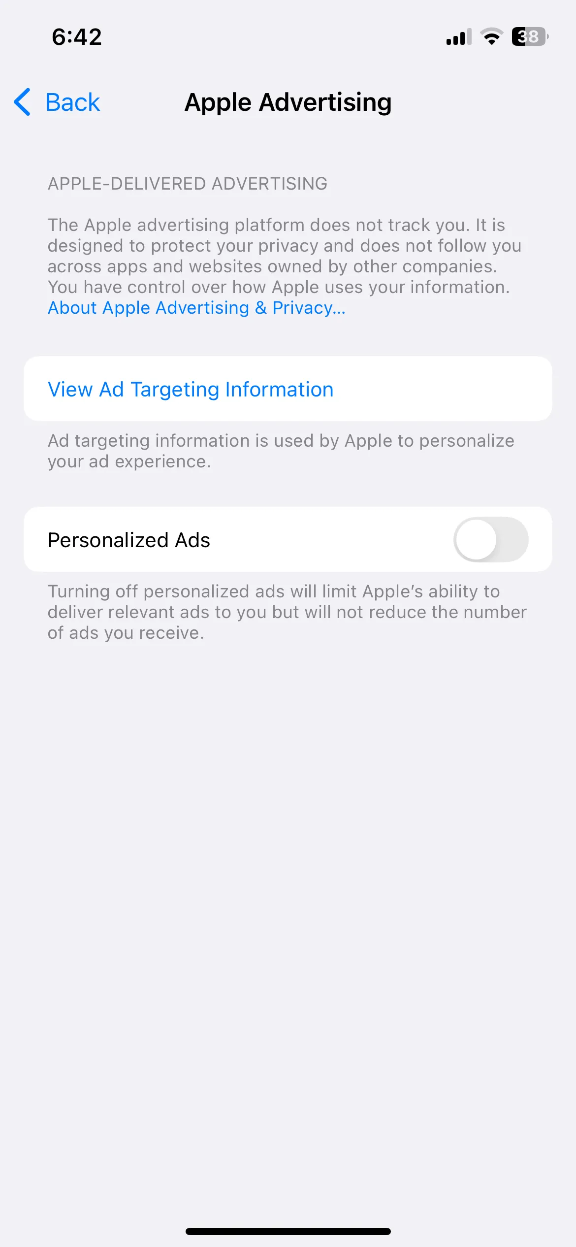 Ứng dụng Cài đặt iPhone hiển thị menu Quảng cáo của Apple